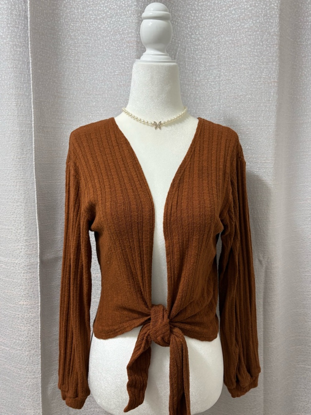 Another Reason Women’s Rust Brown Ribbed Tie-Front Crop Cardigan Y2K Size Medium